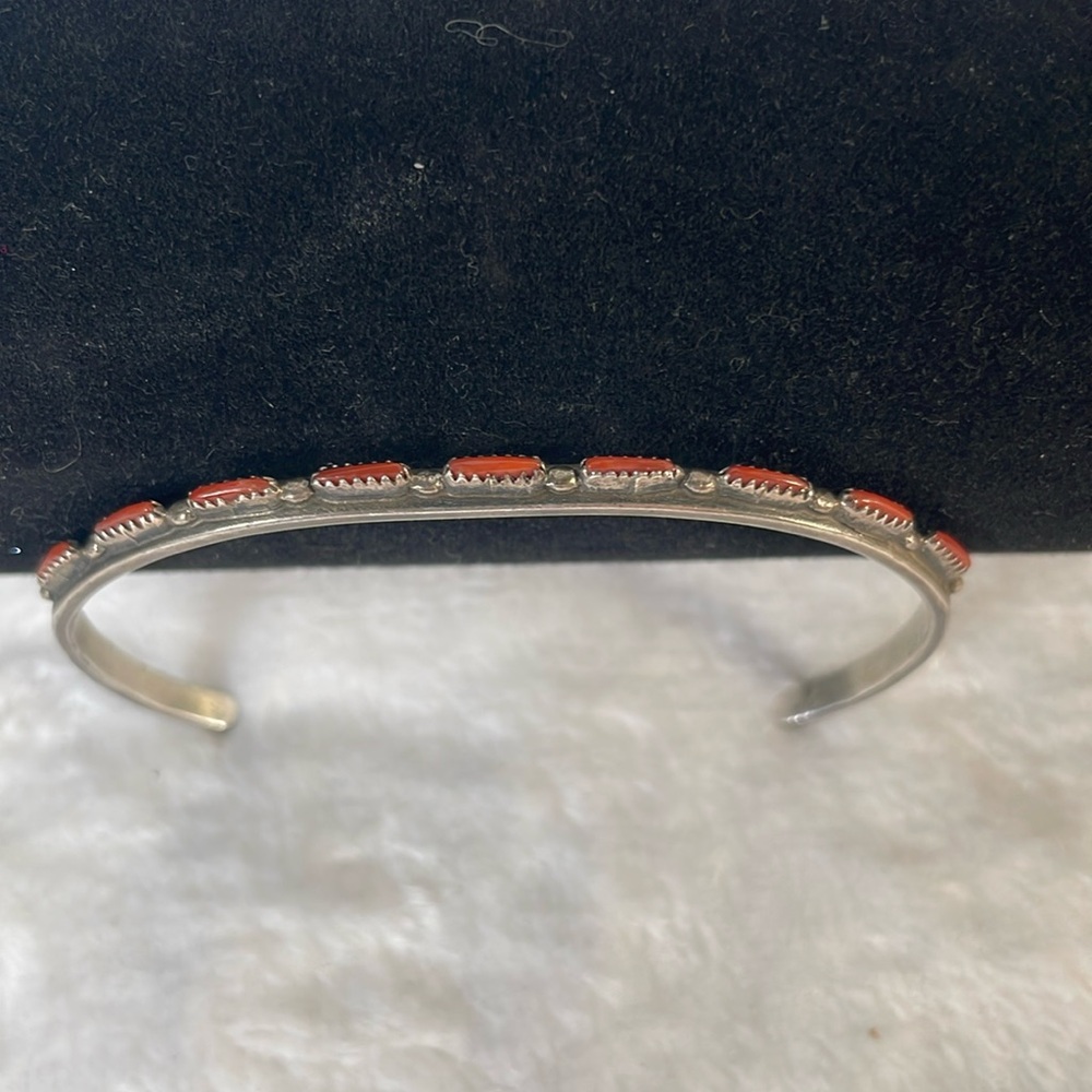 Navajo red coral and sterling silver cuff bracelet.